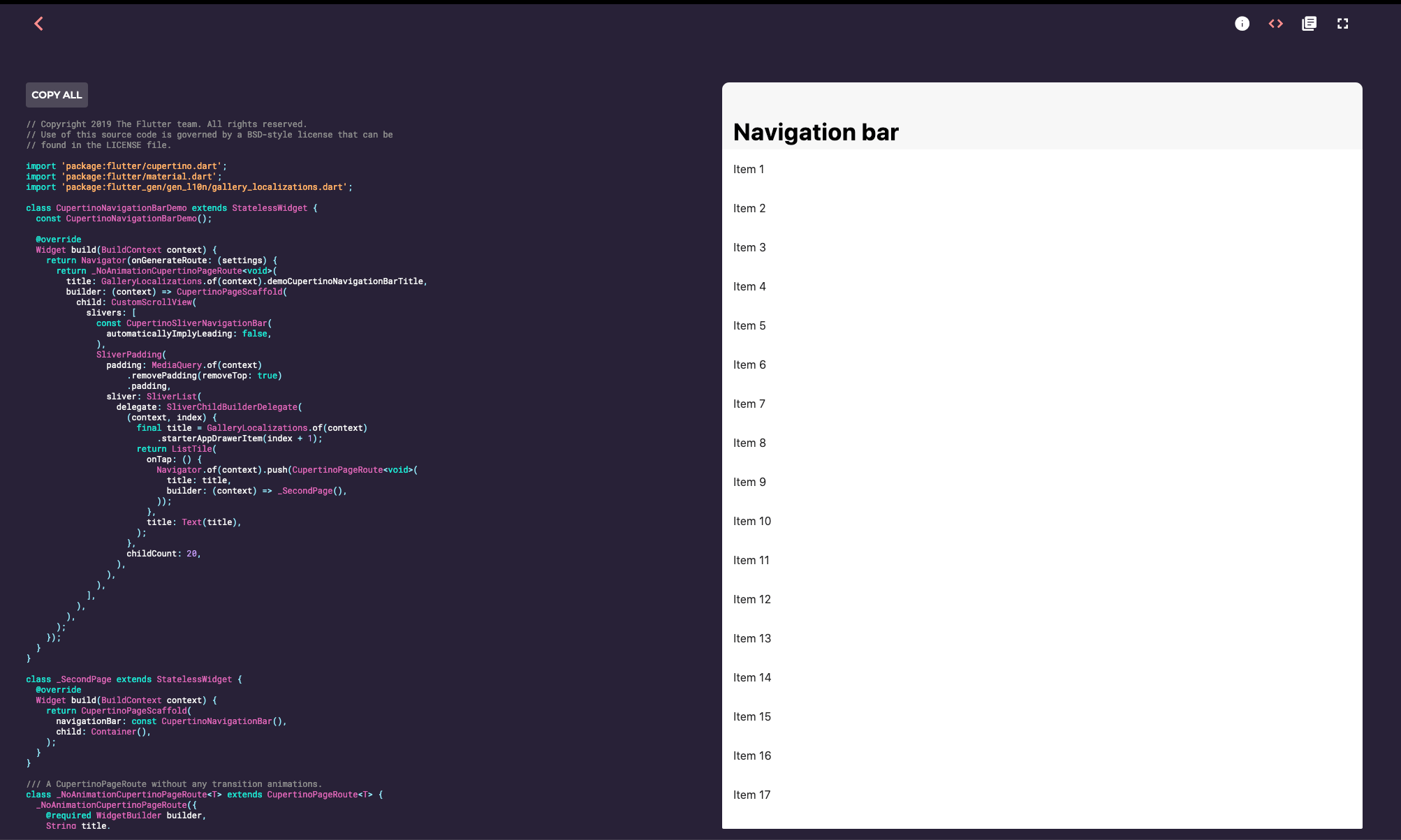 Screenshot of Flutter's Navigation Bar component with preview, code, and "copy all" button